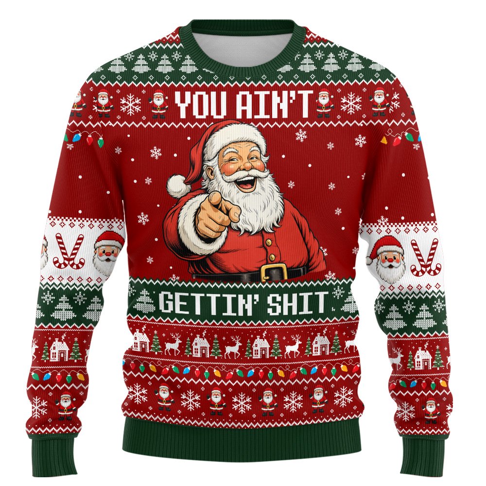 Adult humor ugly sweater featuring laughing Santa and festive text, front view