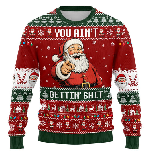 Adult humor ugly sweater featuring laughing Santa and festive text, front view