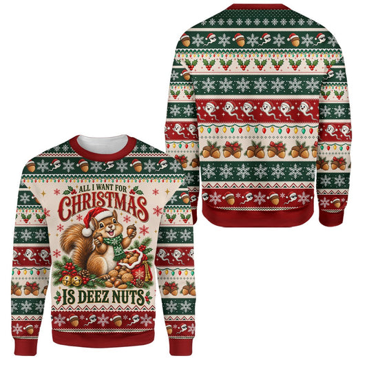 Ugly holiday sweater ideas featuring a squirrel with Santa hat and Deez Nuts text