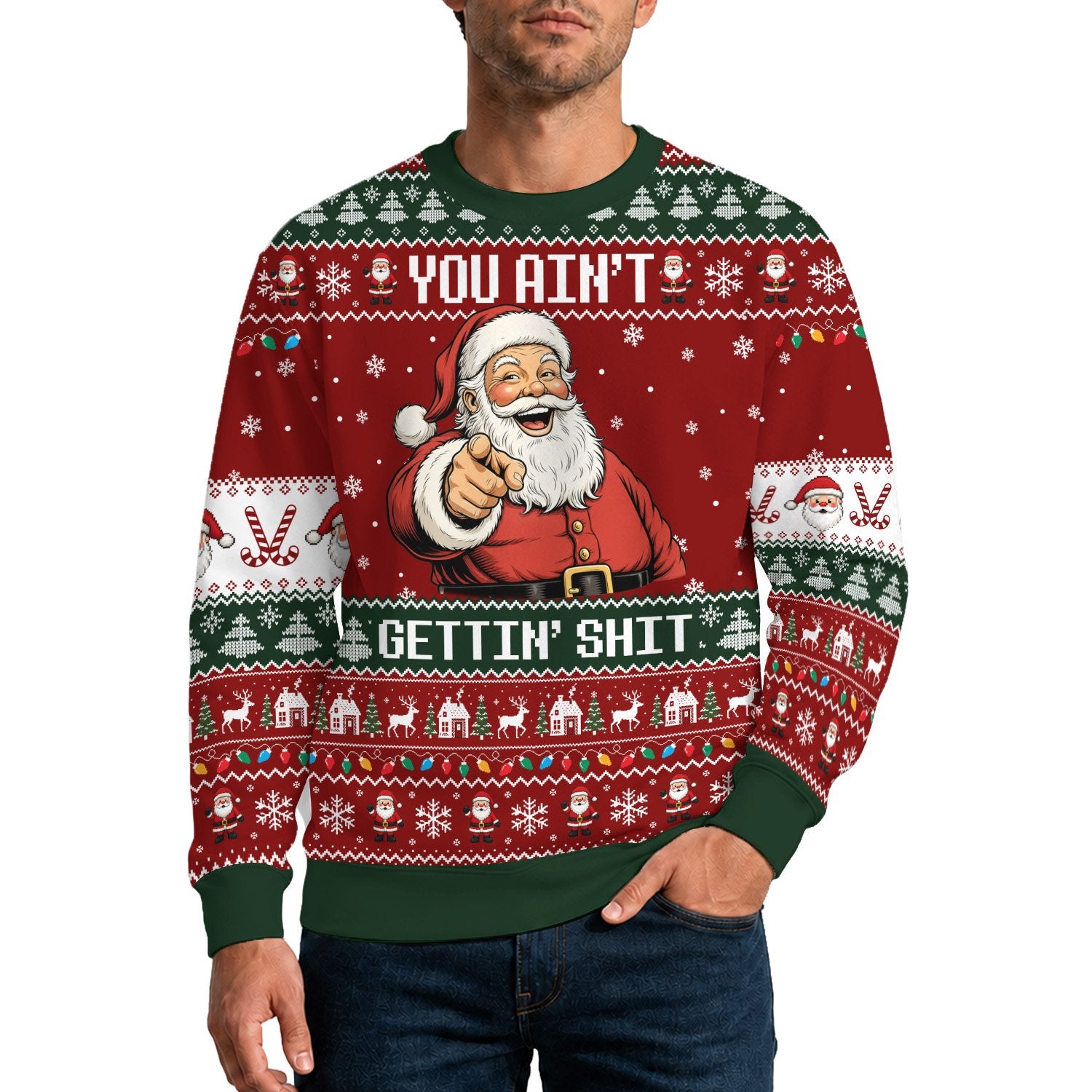 Model wearing the laughing Santa holiday ugly sweater indoors