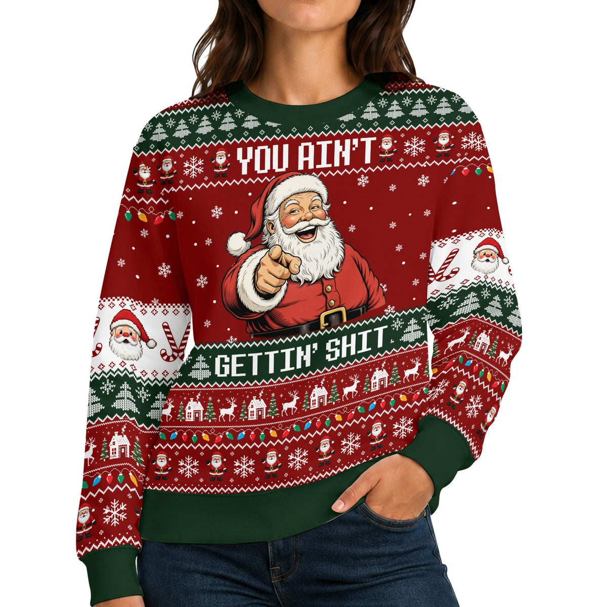 Close up lifestyle shot showcasing the funny adult humor ugly christmas sweater