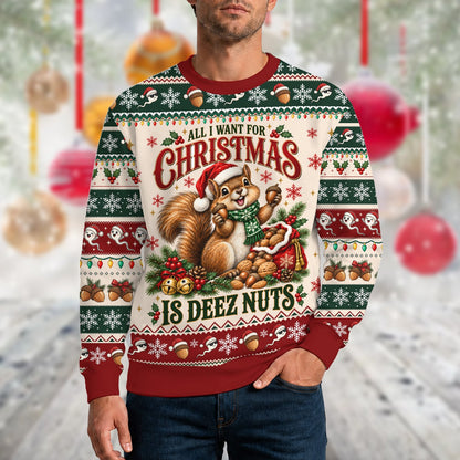 Person wearing the squirrel humor ugly holiday sweater
