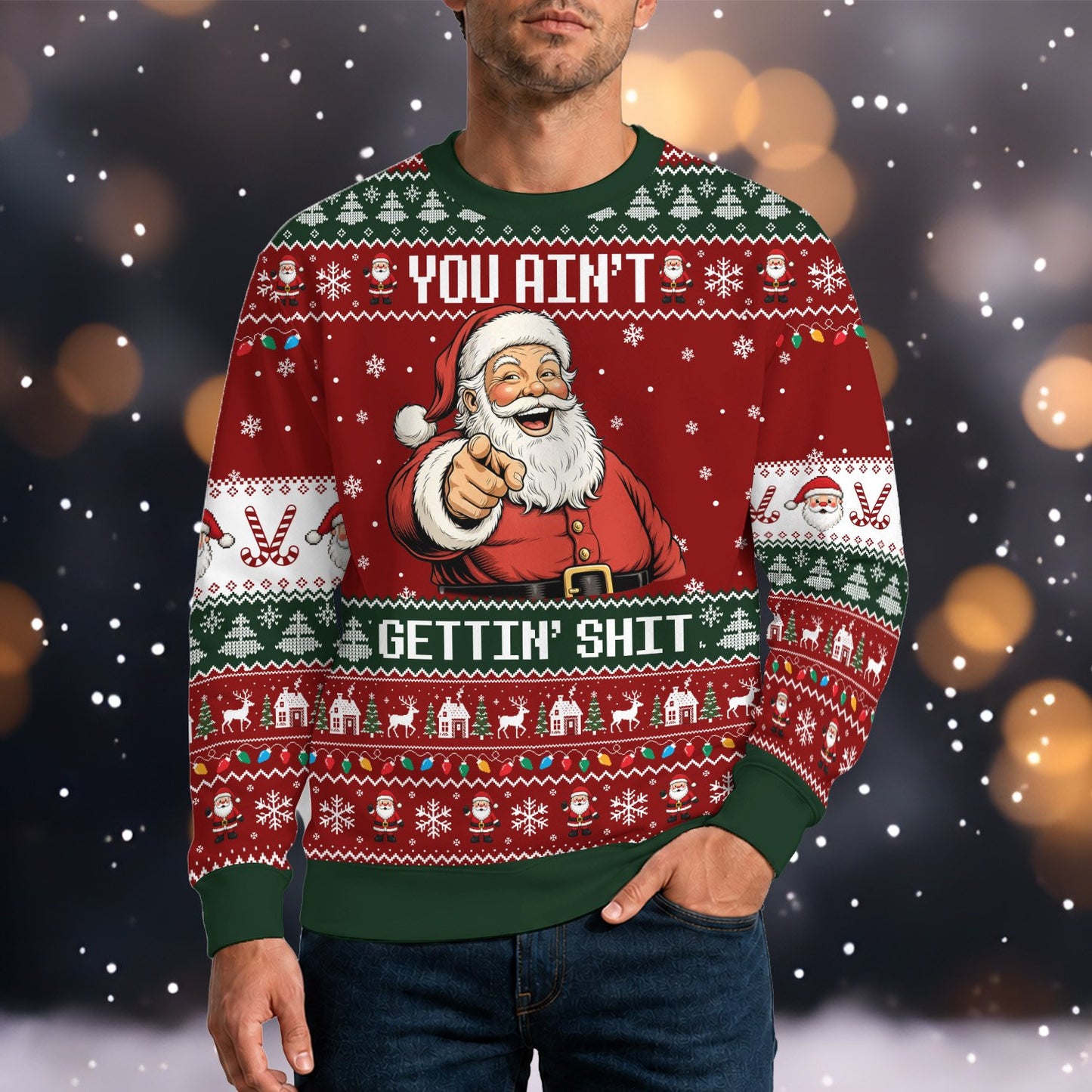 Person enjoying a holiday gathering while wearing the ugly holiday sweater
