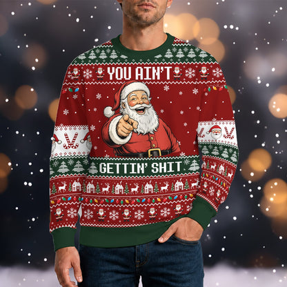 Person enjoying a holiday gathering while wearing the ugly holiday sweater
