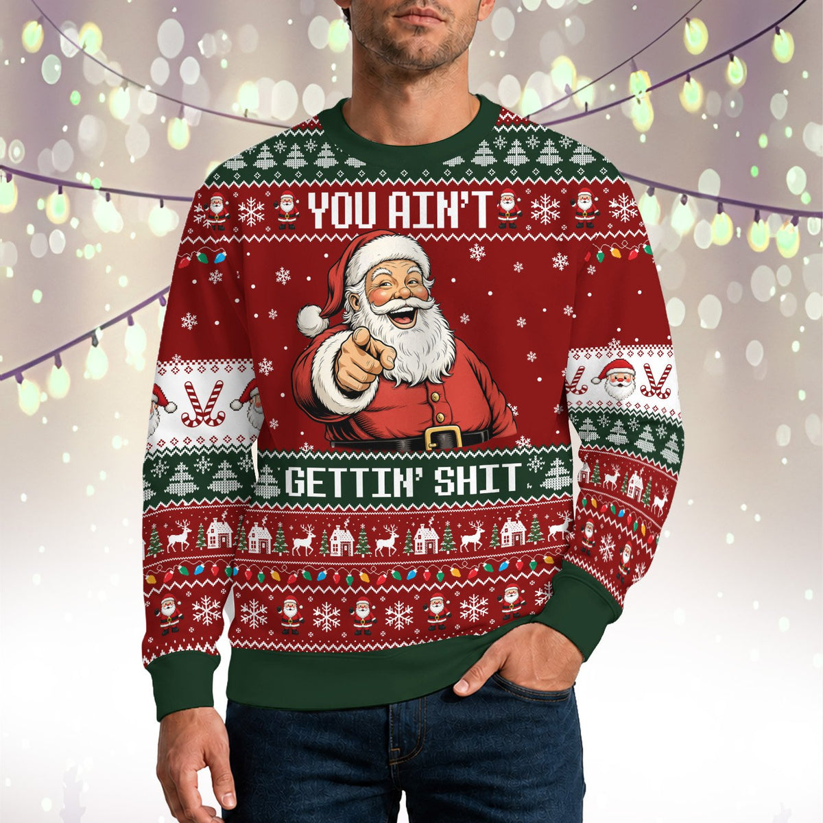 Festive lifestyle setting featuring the colorful laughing Santa sweater