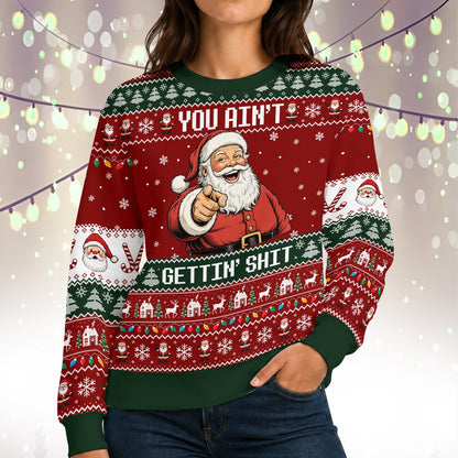 Model wearing the ugly holiday sweater highlighting the reindeer and snowmen patterns