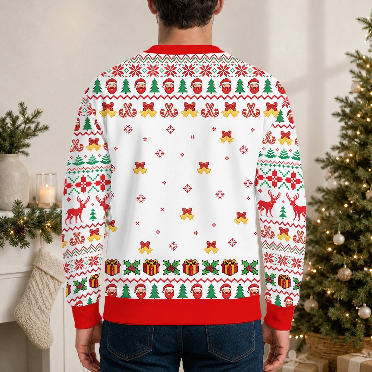 Lifestyle shot of a person wearing the multicolor funny holiday ugly sweater