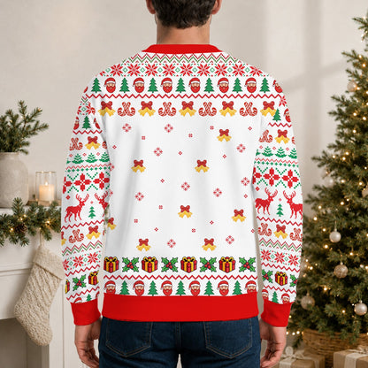 Lifestyle shot of a person wearing the multicolor funny holiday ugly sweater