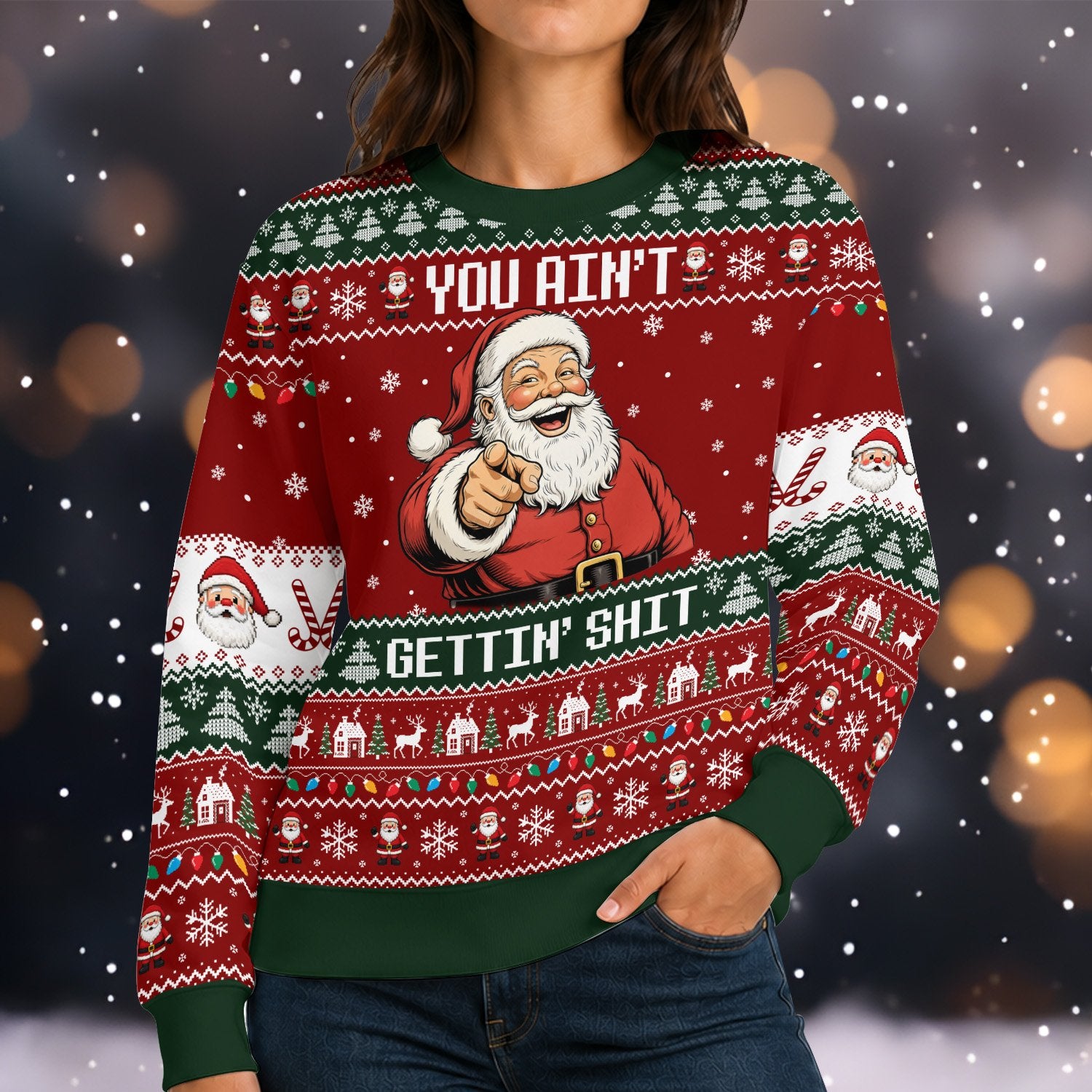 Lifestyle view of someone wearing the adult humor ugly sweater in a festive setting