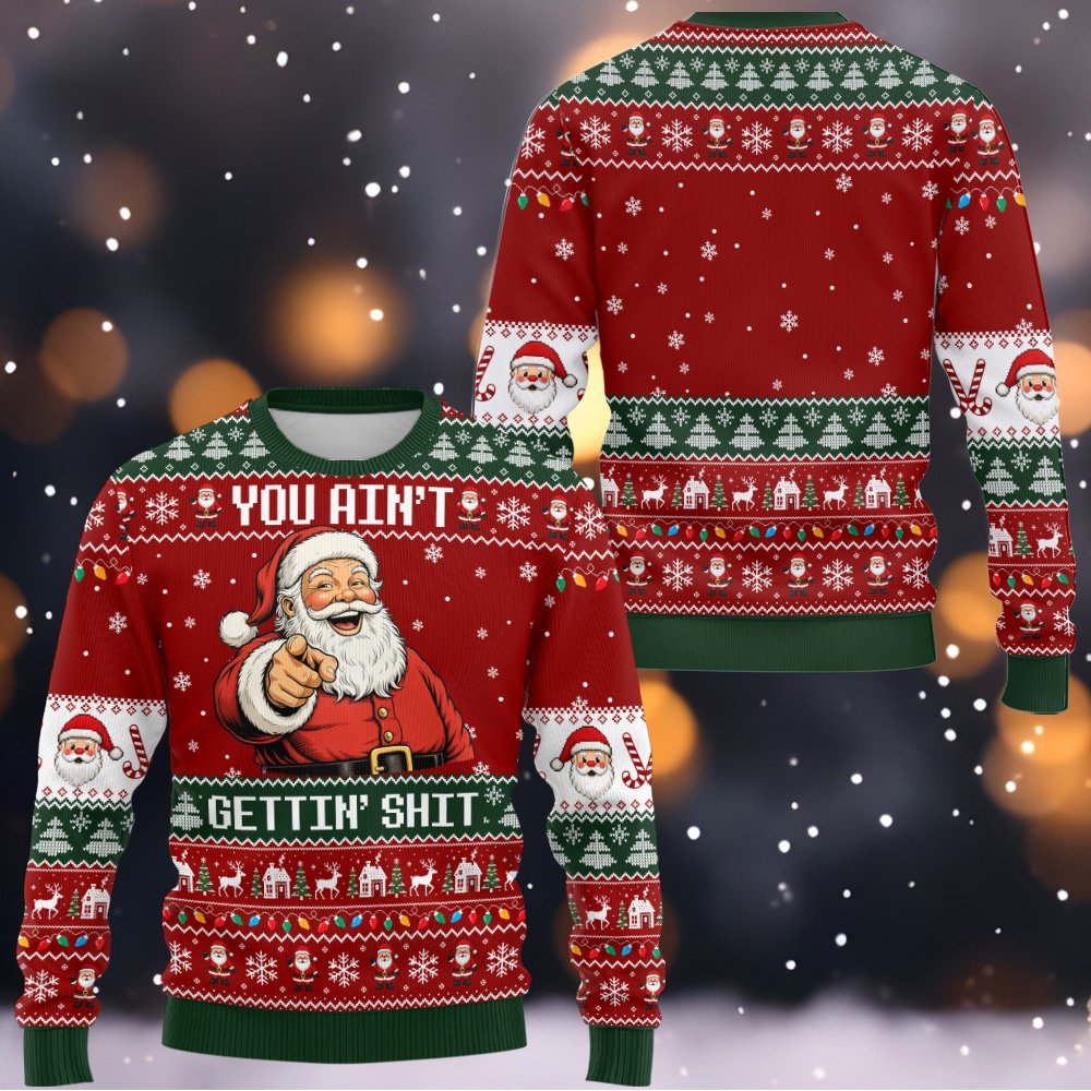 Alternate view of the knitted-style pattern on the holiday ugly sweater