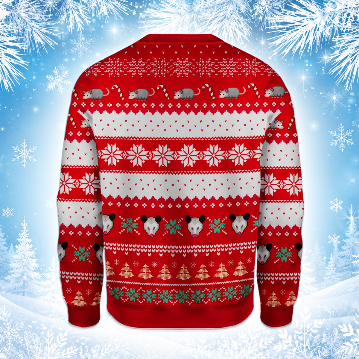 Another back view of the festive red possum ugly sweater.