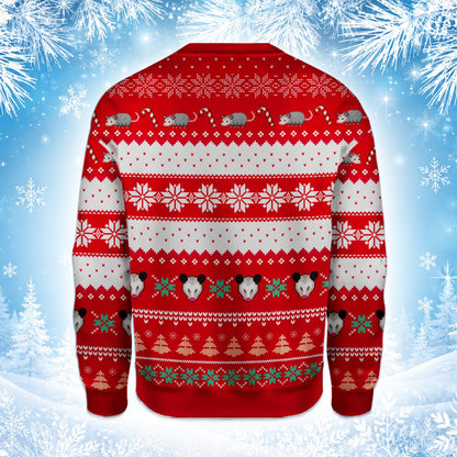 Another back view of the festive red possum ugly sweater.