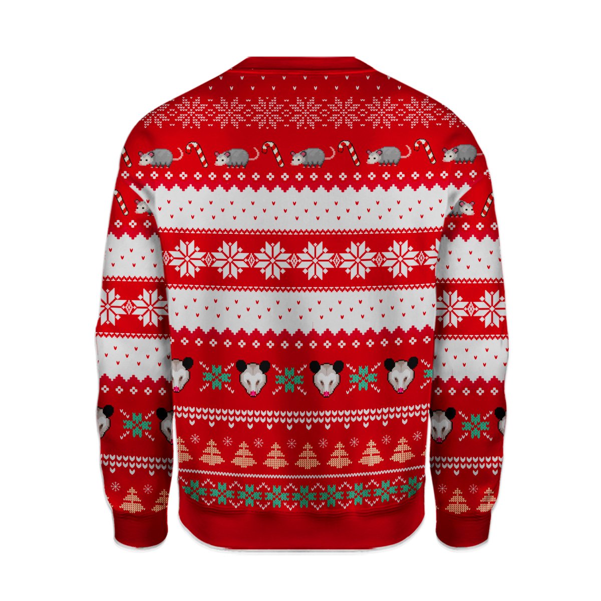Detailed back view of the faux-knit holiday ugly sweater.