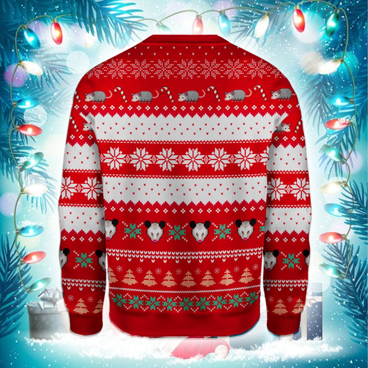 Back view of the red holiday possums ugly sweater.