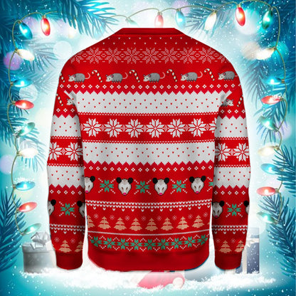 Back view of the red holiday possums ugly sweater.