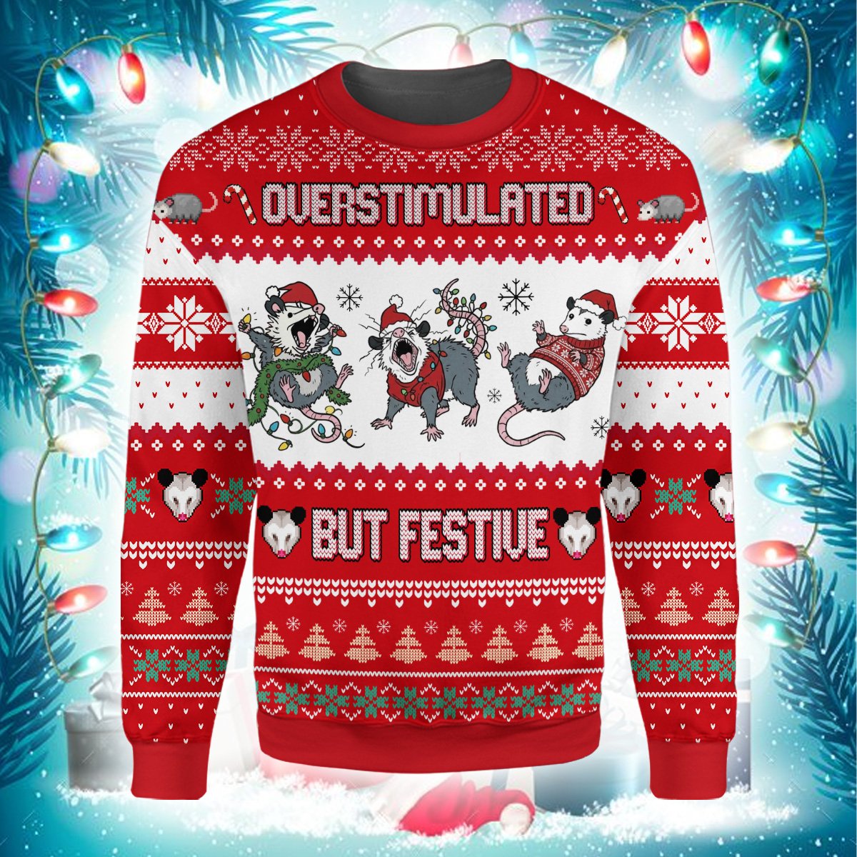 Another front view of the red faux-knit possum ugly sweater.