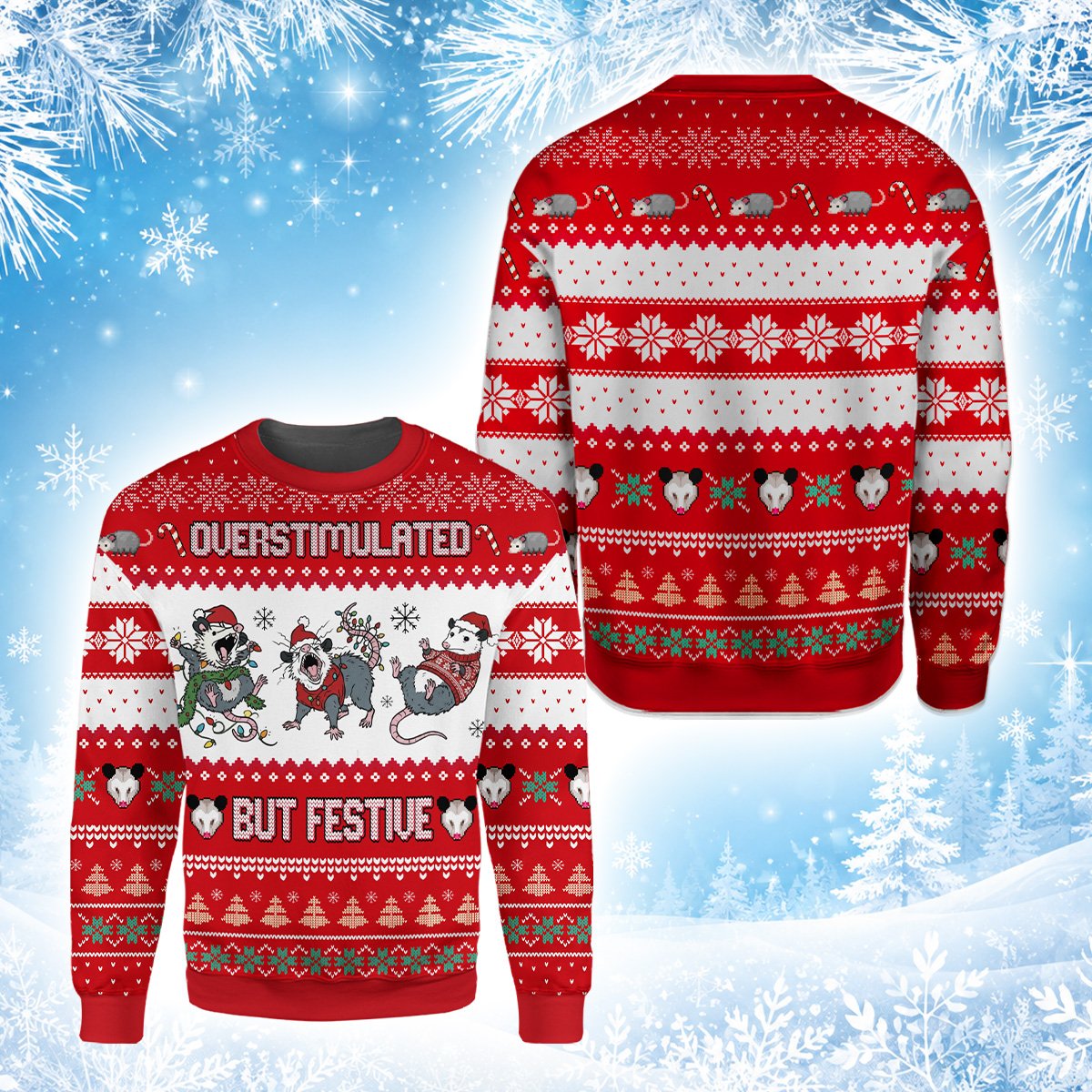 Detailed front view showing the pixelated text and snowflake motifs on the ugly sweater.