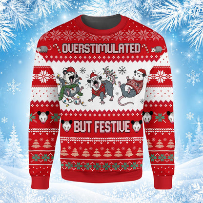 Main view of the red humor, possums ugly sweater featuring the phrase overstimulated but festive.