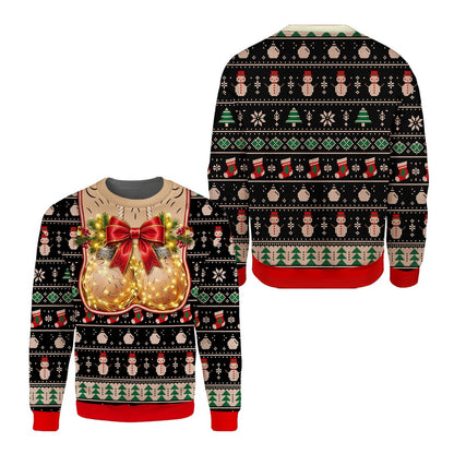 Close up front view of the black suggestive ugly sweater with holiday fair isle pattern