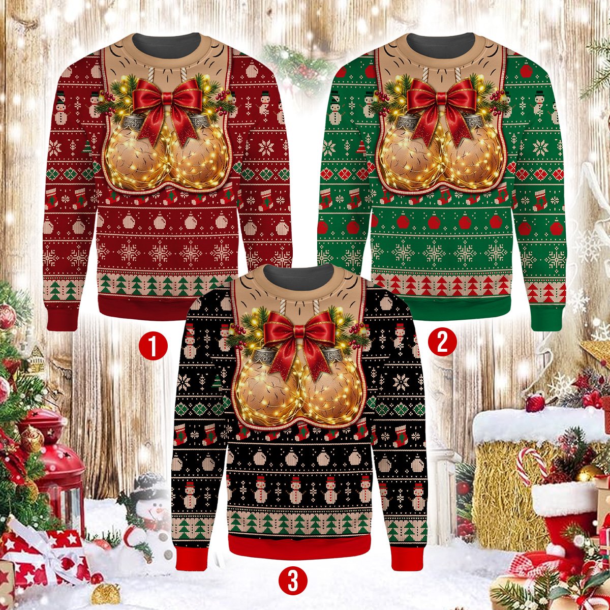 Humor ugly sweater design showing printed chest and flesh-toned ornaments, front view