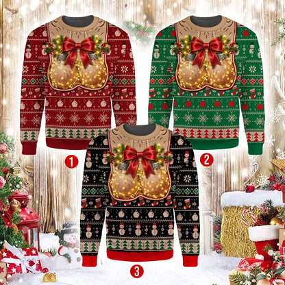 Humor ugly sweater design showing printed chest and flesh-toned ornaments, front view