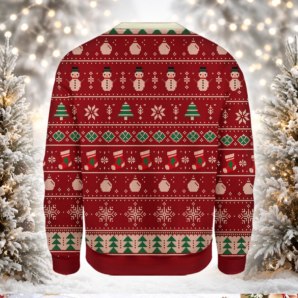 Back view of the green holiday ugly sweater showing festive patterns