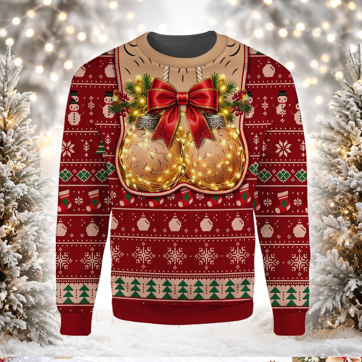 Close up front view of the green suggestive ugly sweater with holiday fair isle pattern