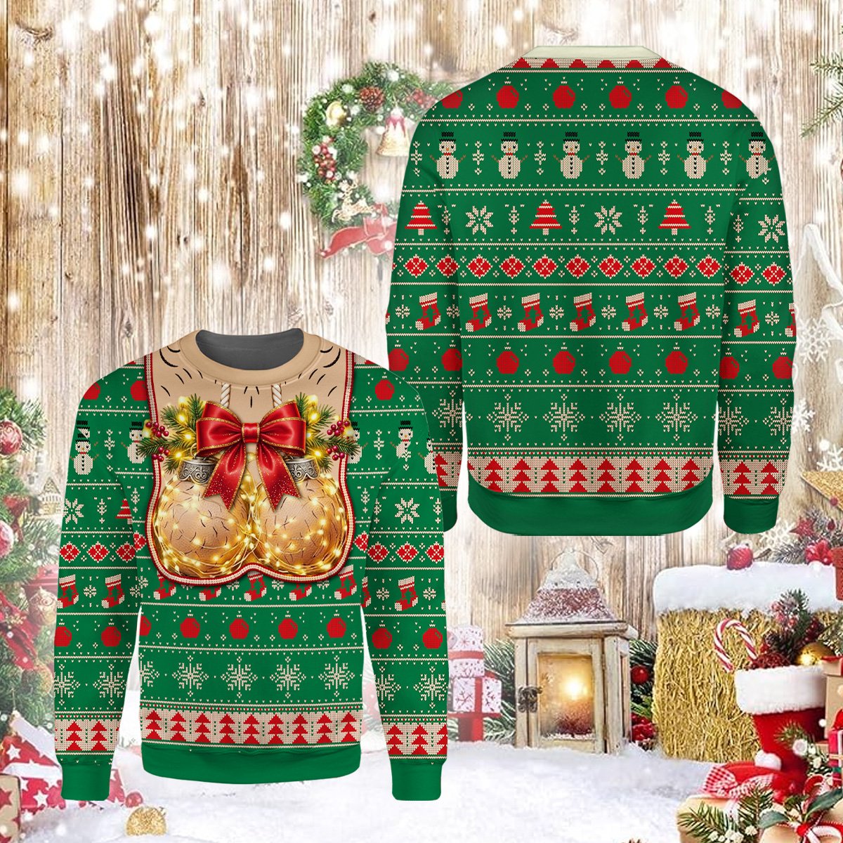 Humor/suggestive christmas ugly sweater featuring a printed hairy chest and suggestive ornaments in green, front view