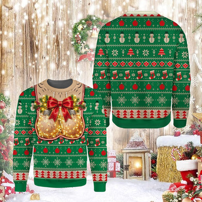 Humor/suggestive christmas ugly sweater featuring a printed hairy chest and suggestive ornaments in green, front view