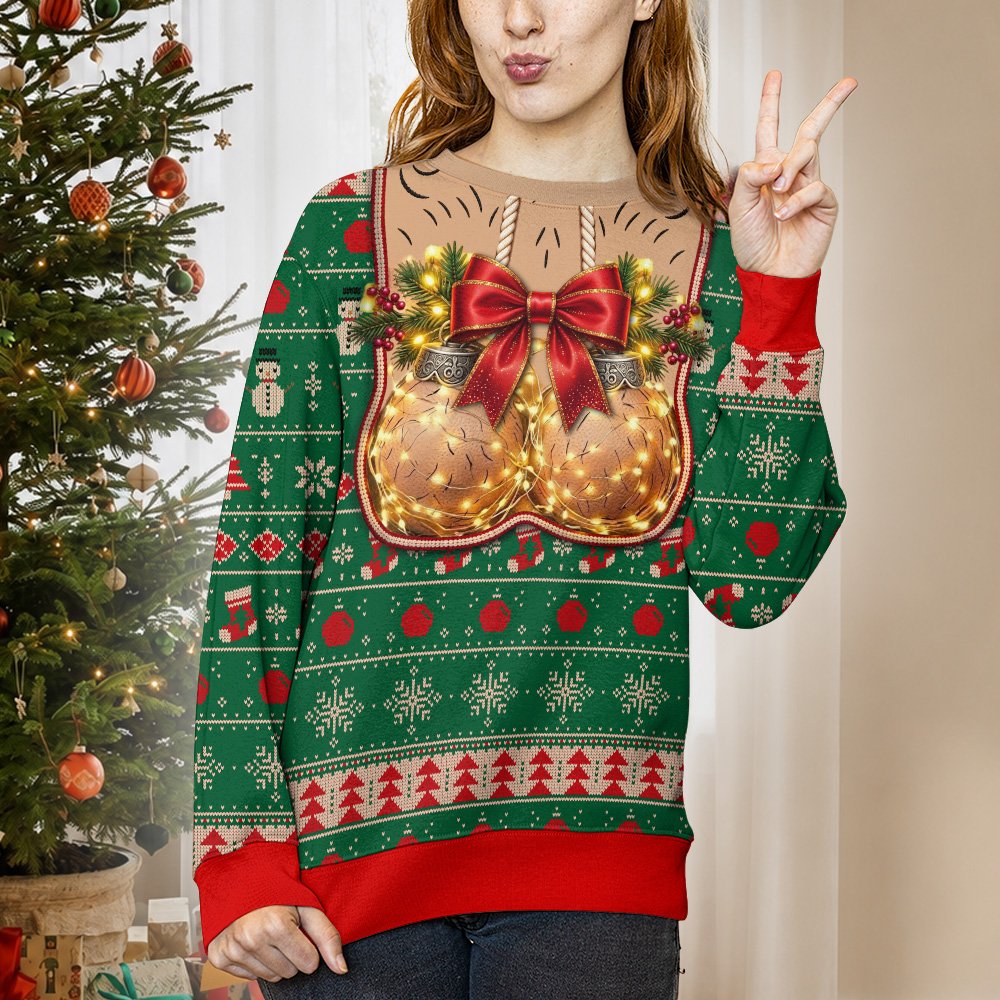 Adult wearing the green suggestive ugly sweater, lifestyle view