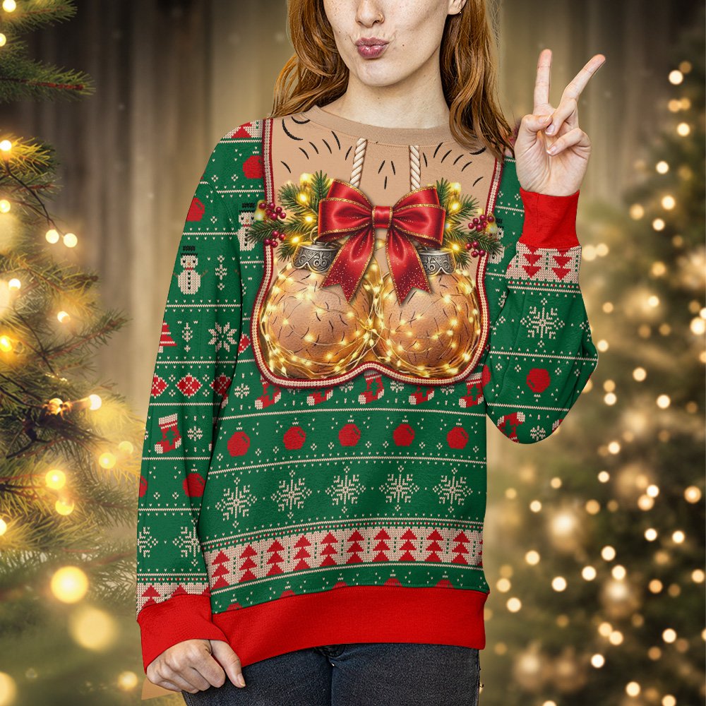 Another lifestyle view of an adult wearing the green suggestive holiday ugly sweater