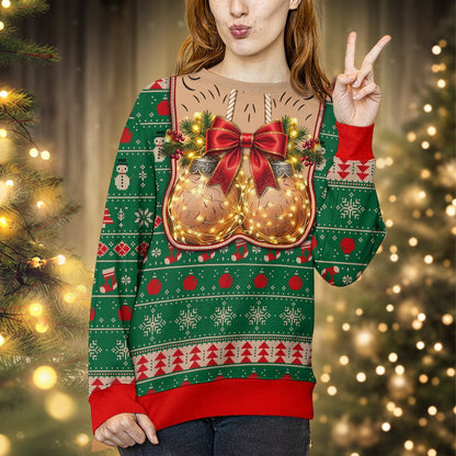 Another lifestyle view of an adult wearing the green suggestive holiday ugly sweater