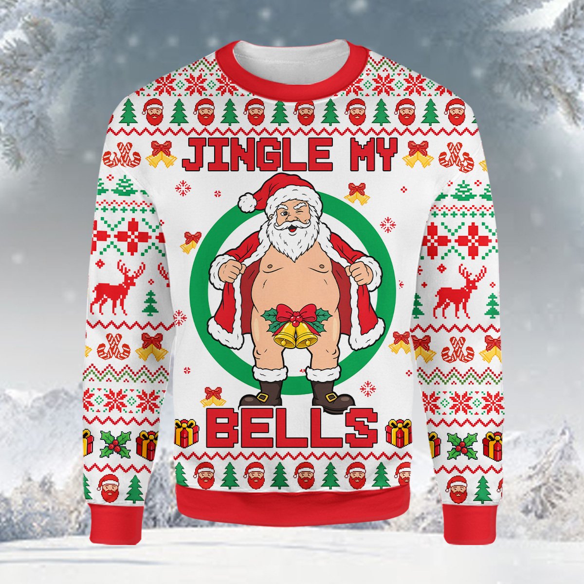 Front view of the Jingle My Bells holiday ugly sweater in white