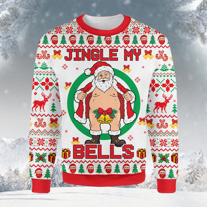 Front view of the Jingle My Bells holiday ugly sweater in white