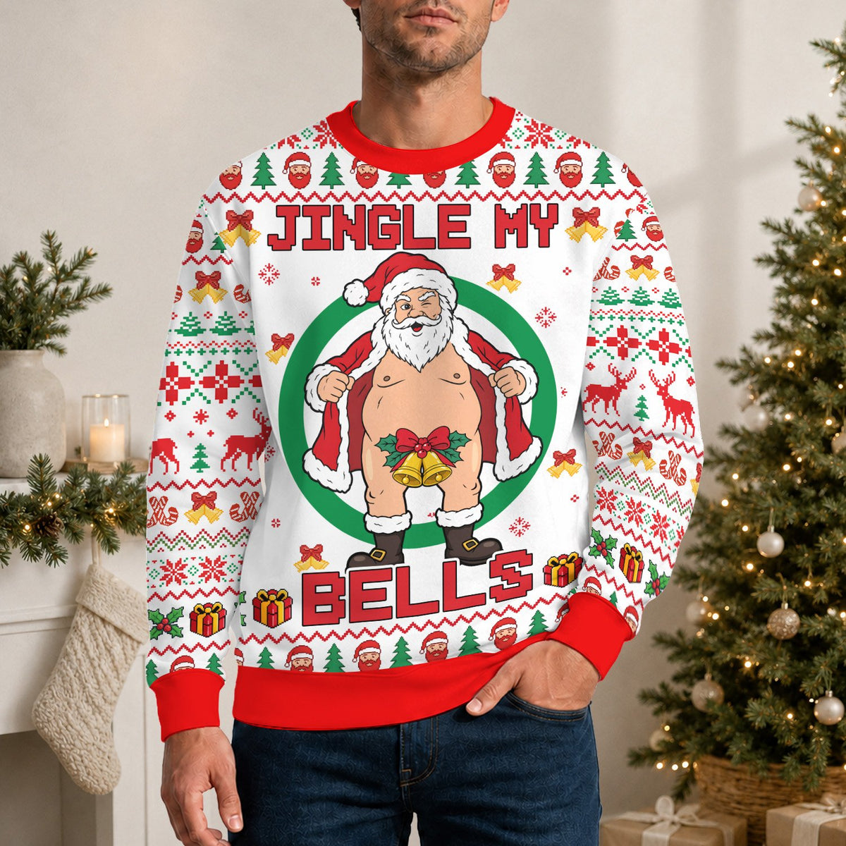 Lifestyle shot showing the white humor holiday sweater being worn