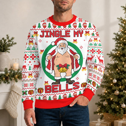 Lifestyle shot showing the white humor holiday sweater being worn