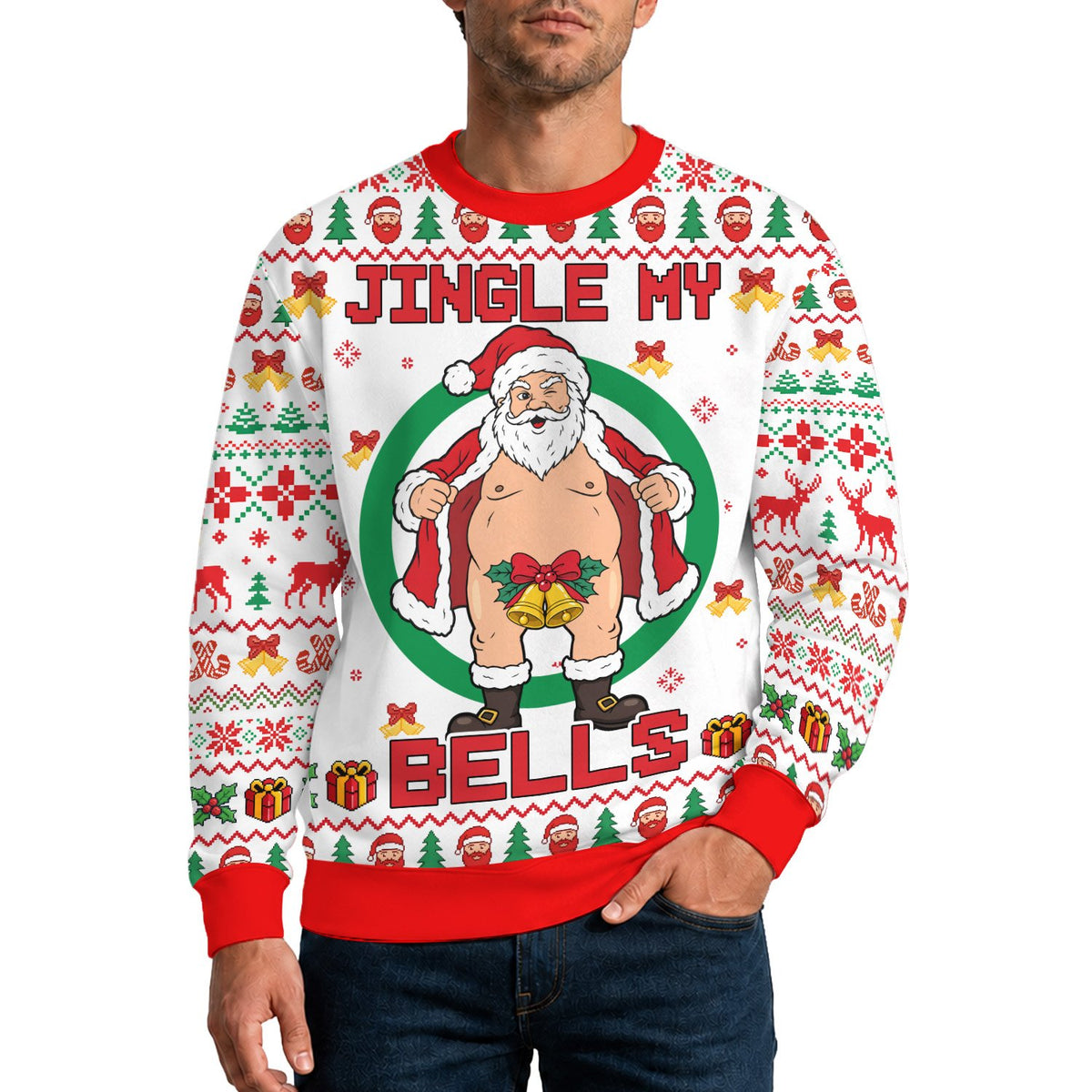 Another lifestyle view of the Jingle My Bells adult humor ugly sweater