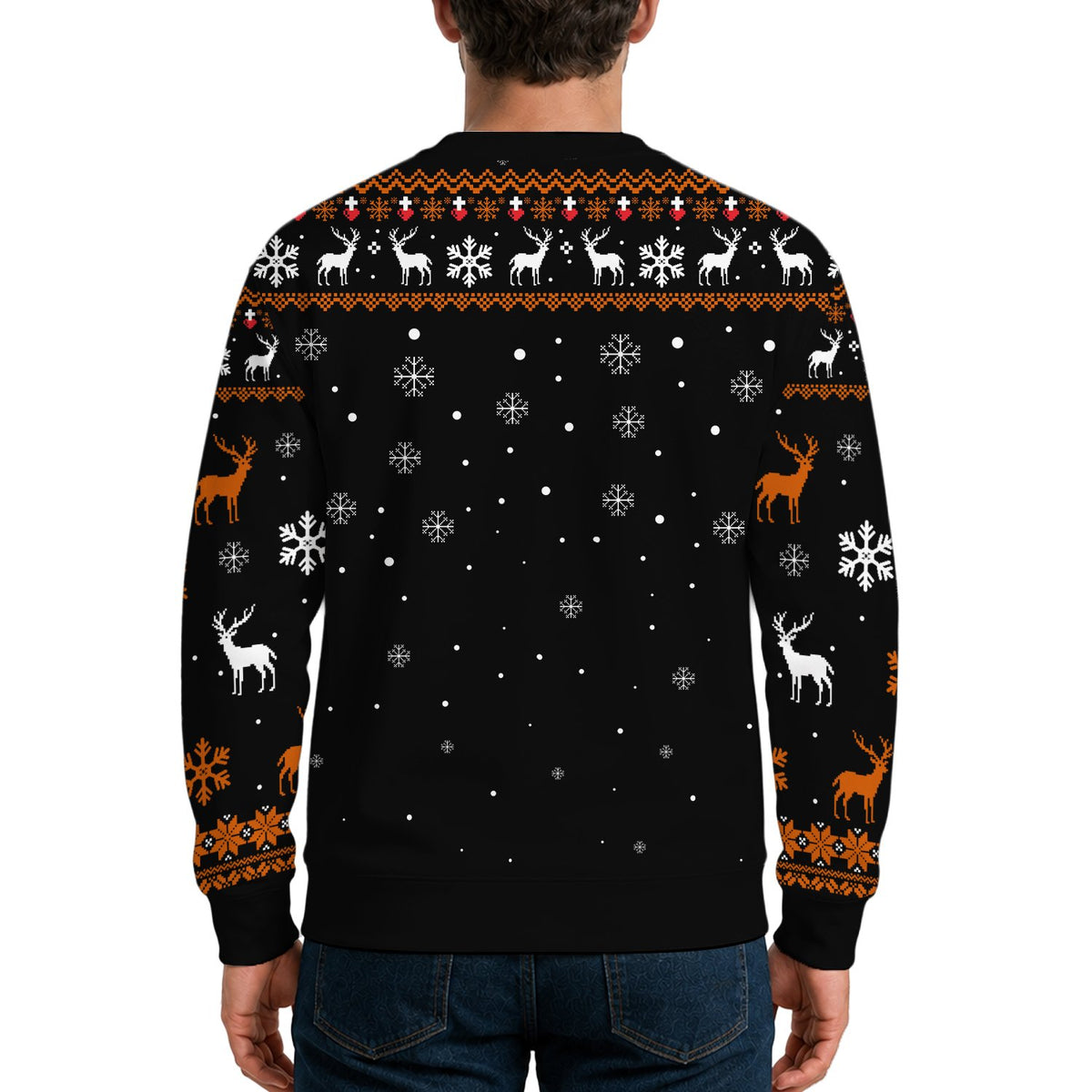 Back view showing traditional ugly sweater pattern with reindeer
