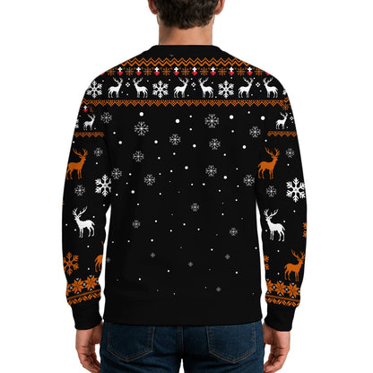 Back view showing traditional ugly sweater pattern with reindeer