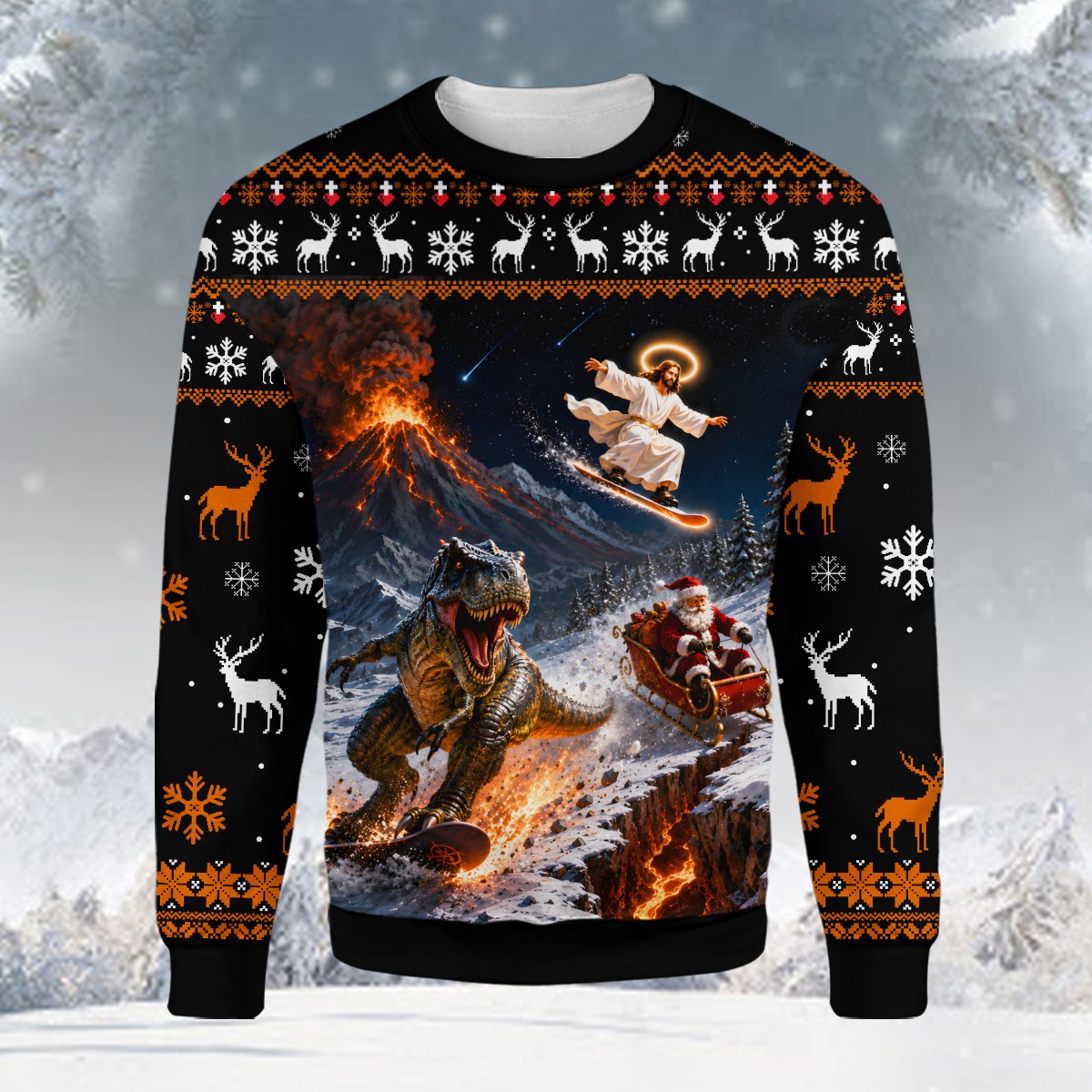 Close up front view of the snowboarding T-Rex and volcano design