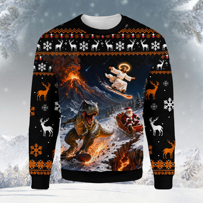 Close up front view of the snowboarding T-Rex and volcano design