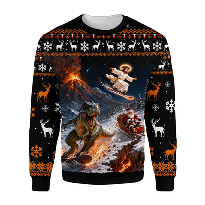Black humorous ugly sweater with a chaotic Christmas scene, main view