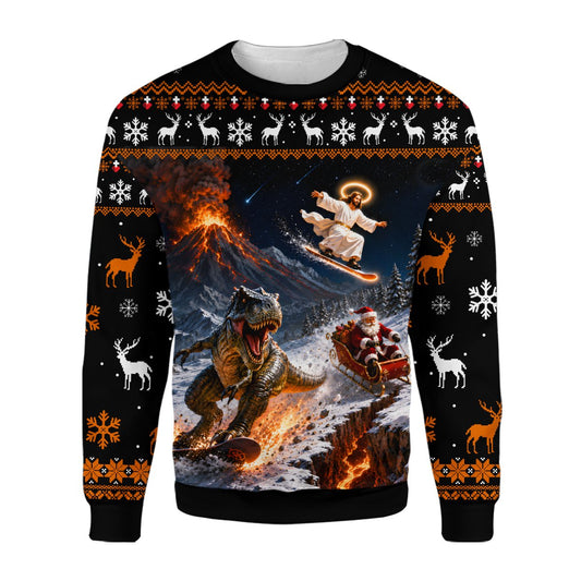 Black humorous ugly sweater with a chaotic Christmas scene, main view