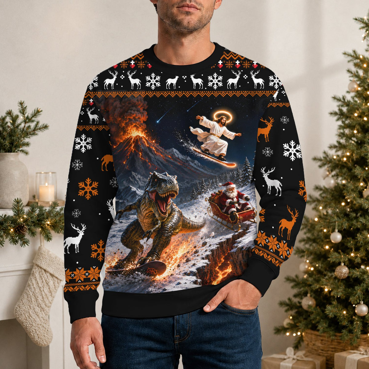 Lifestyle view of someone wearing the black humorous ugly sweater