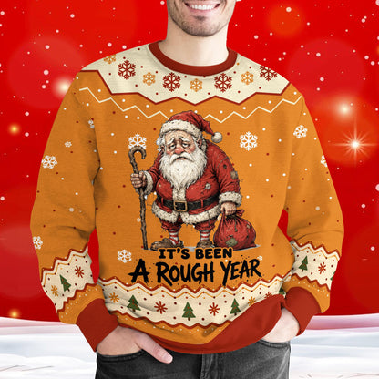 Close-up of the front design on the christmas ugly sweater showing snowflakes and stars