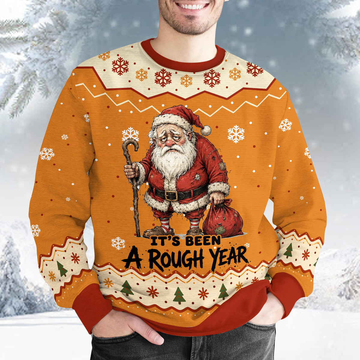 Detail view of the holiday ugly sweater front featuring a funny Santa design