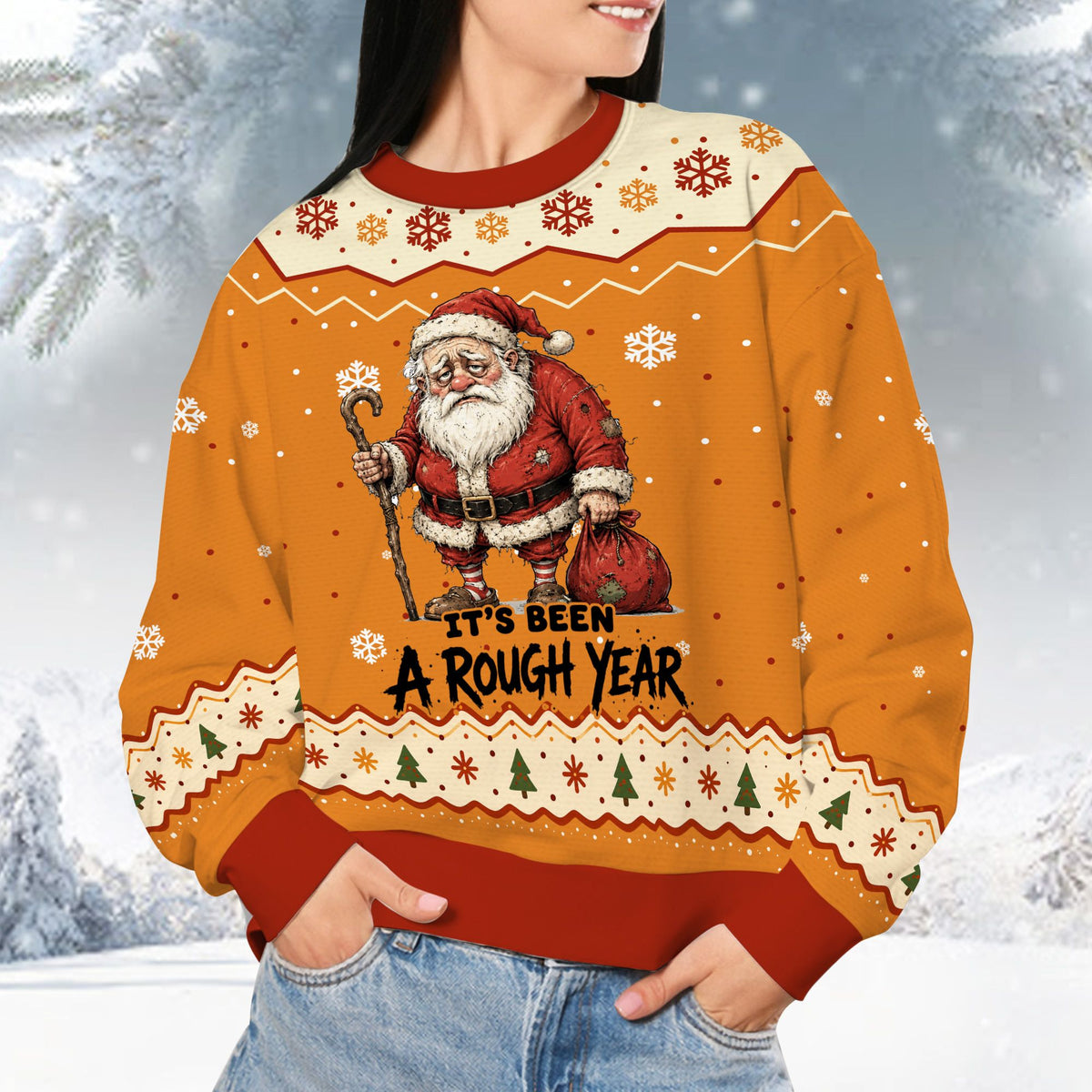 Bright orange humorous ugly sweater with white and red holiday details