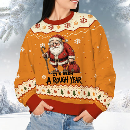 Bright orange humorous ugly sweater with white and red holiday details