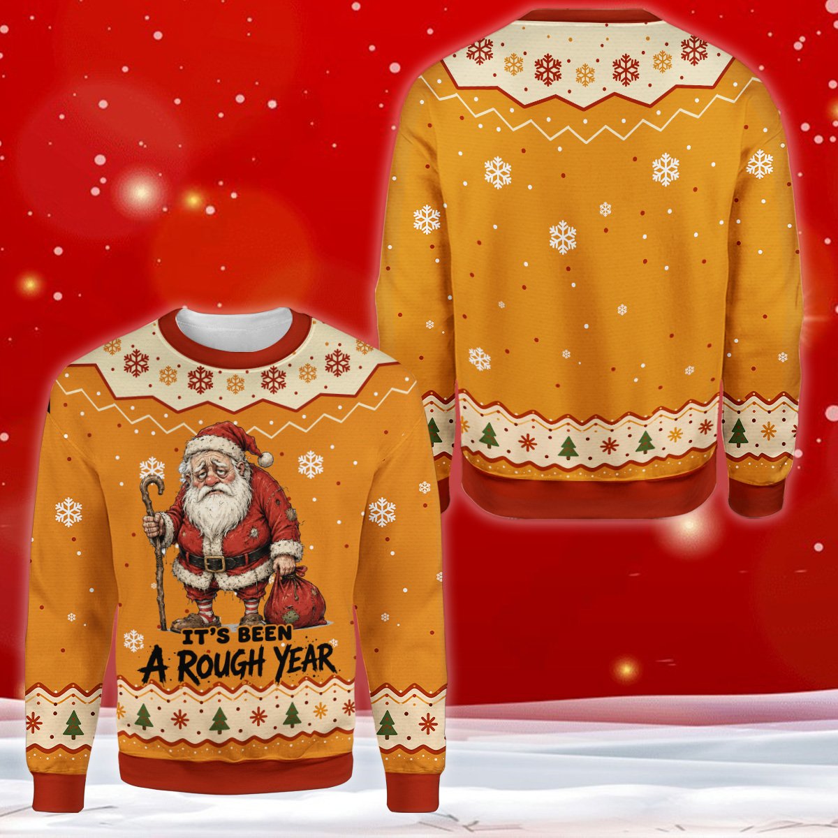 Final front view of the rough year Santa ugly sweater