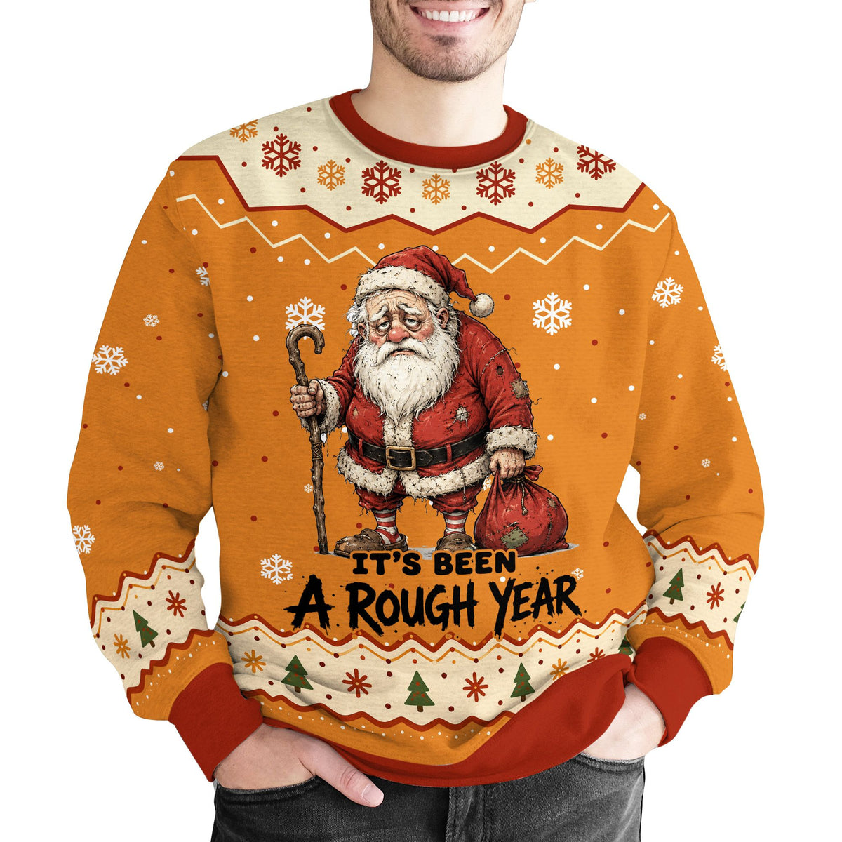 Humorous christmas ugly sweater featuring a disheveled Santa and It's Been a Rough Year text on an orange background, main view